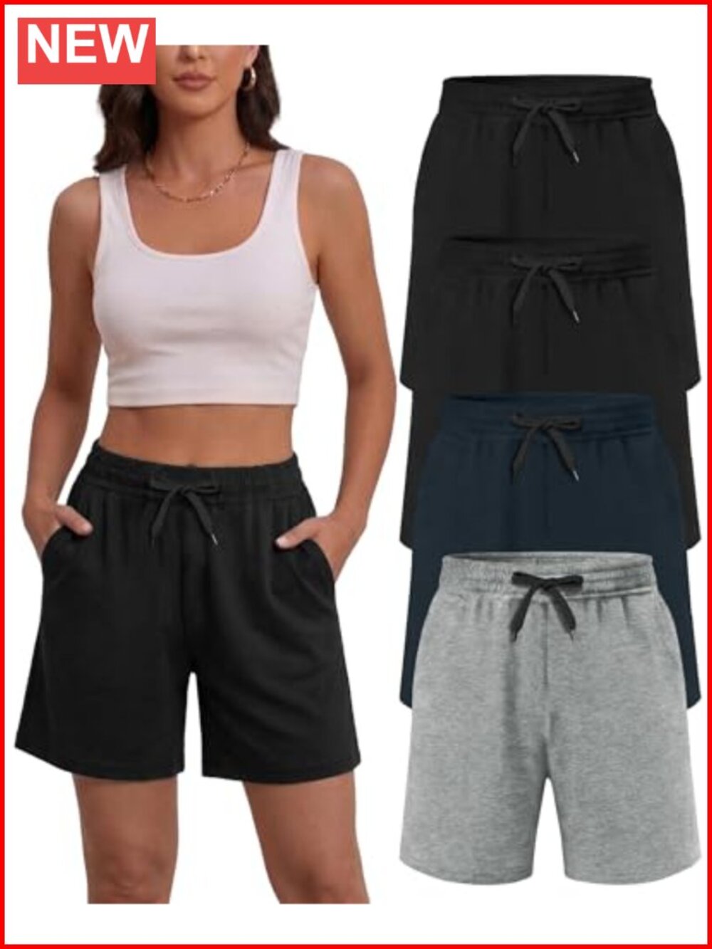 4 Pack Women's Cotton Blend Sweat Shorts Drawstring Pockets Bermuda